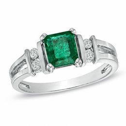 Emerald-Cut Emerald and 1/10 CT. T.W. Diamond Engagement Ring in 14K White Gold