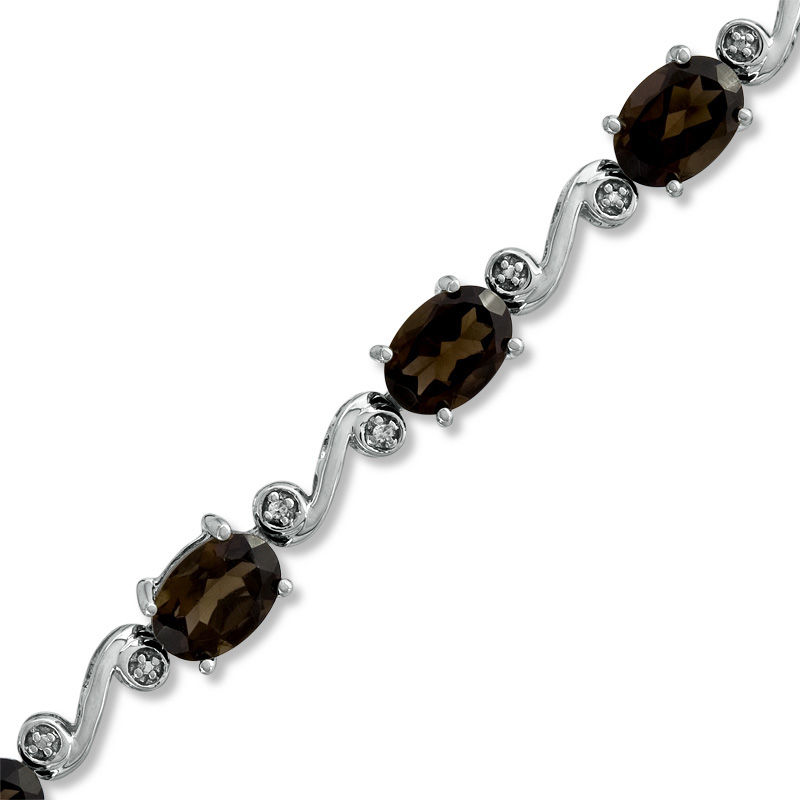 Main Image 1 of Oval Smoky Quartz and Diamond Accent Swirl Bracelet in Sterling Silver - 7.25"