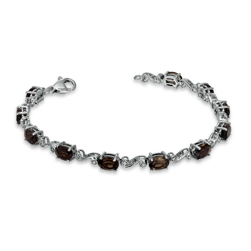 Main Image 2 of Oval Smoky Quartz and Diamond Accent Swirl Bracelet in Sterling Silver - 7.25"
