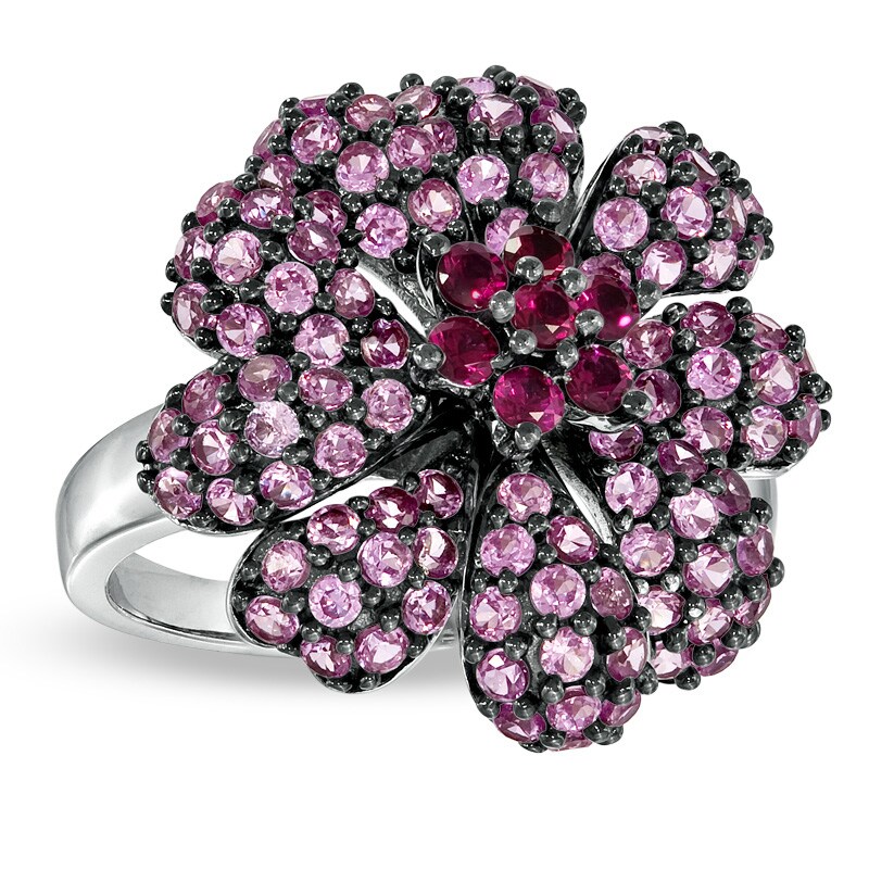 Main Image 1 of Lab-Created Pink Sapphire and Ruby Flower Ring in Sterling Silver