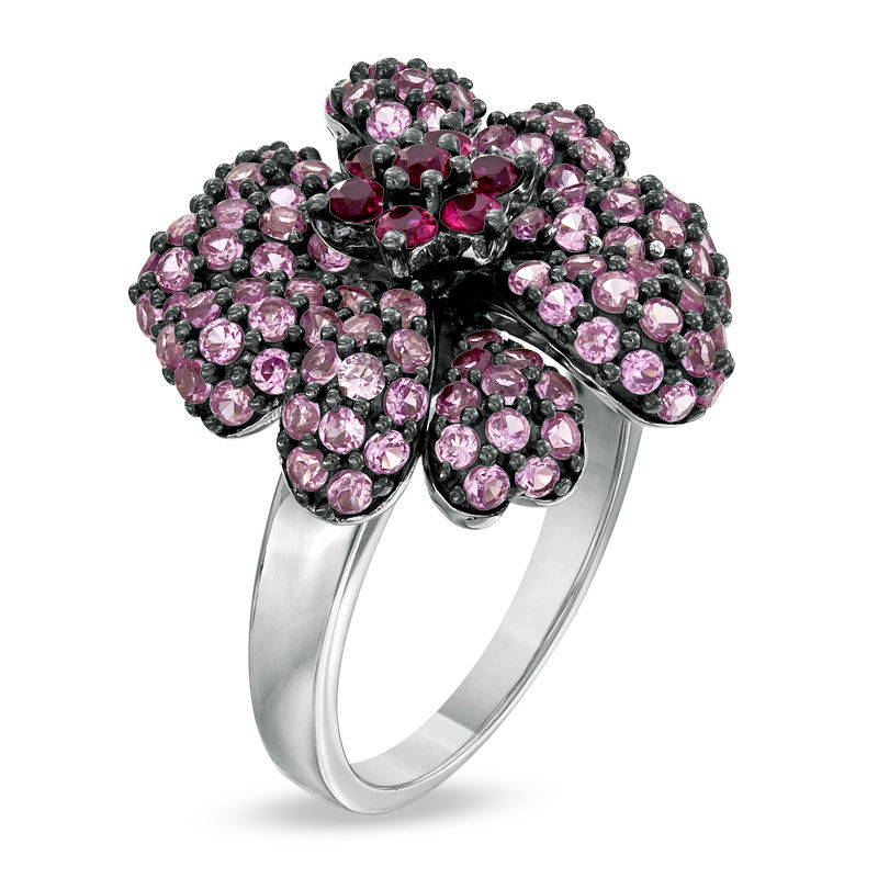 Lab-Created Pink Sapphire and Ruby Flower Ring in Sterling Silver