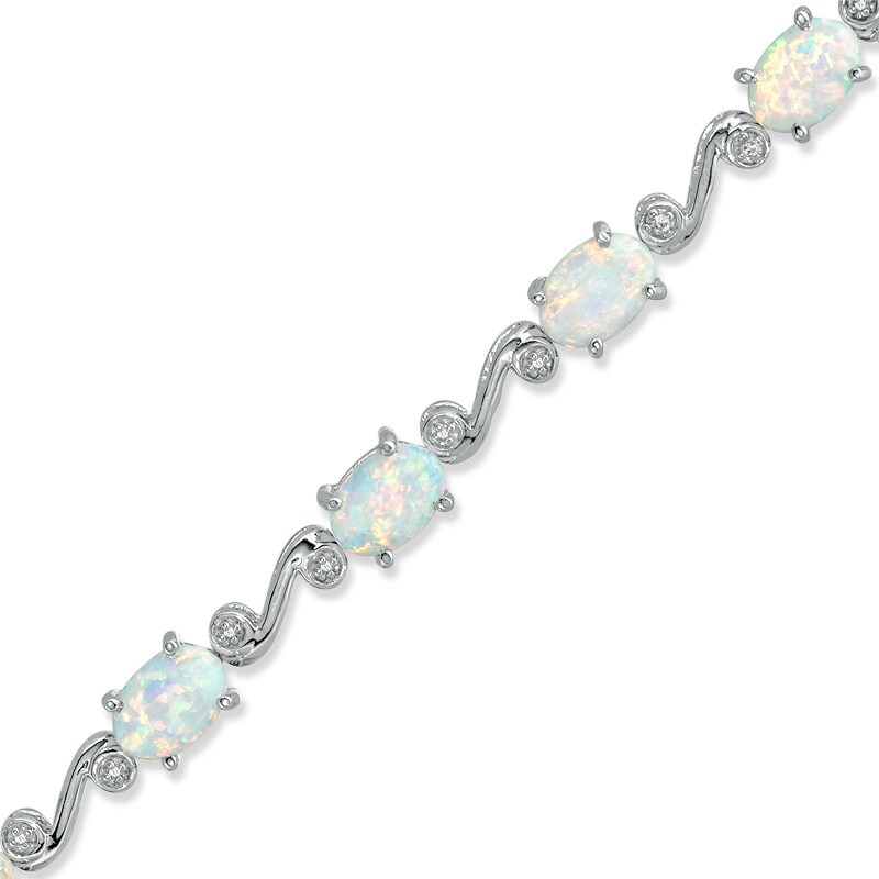 Oval Lab-Created Opal and Diamond Accent Swirl Bracelet in Sterling Silver - 7.25"