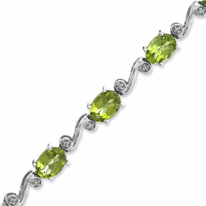 Main Image 1 of Oval Peridot and Diamond Accent Bracelet in Sterling Silver - 7.25&quot;