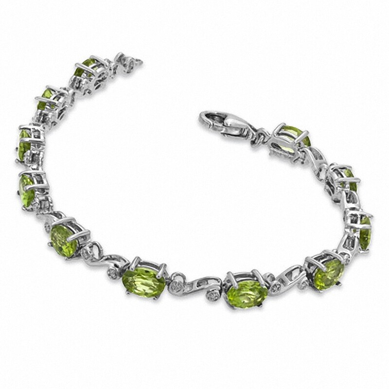 Main Image 2 of Oval Peridot and Diamond Accent Bracelet in Sterling Silver - 7.25&quot;