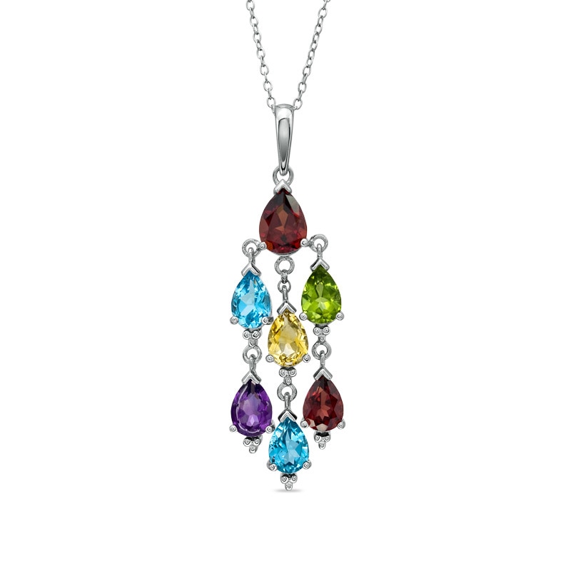 Multi Semi-Precious Pear-Shaped Gemstone Chandelier Pendant in Sterling Silver