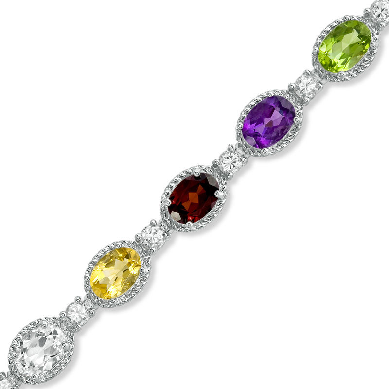 Multi Semi-Precious Oval Gemstone and Lab-Created White Sapphire Bracelet in Sterling Silver - 7.25"