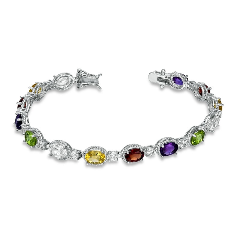 Multi Semi-Precious Oval Gemstone and Lab-Created White Sapphire Bracelet in Sterling Silver - 7.25"