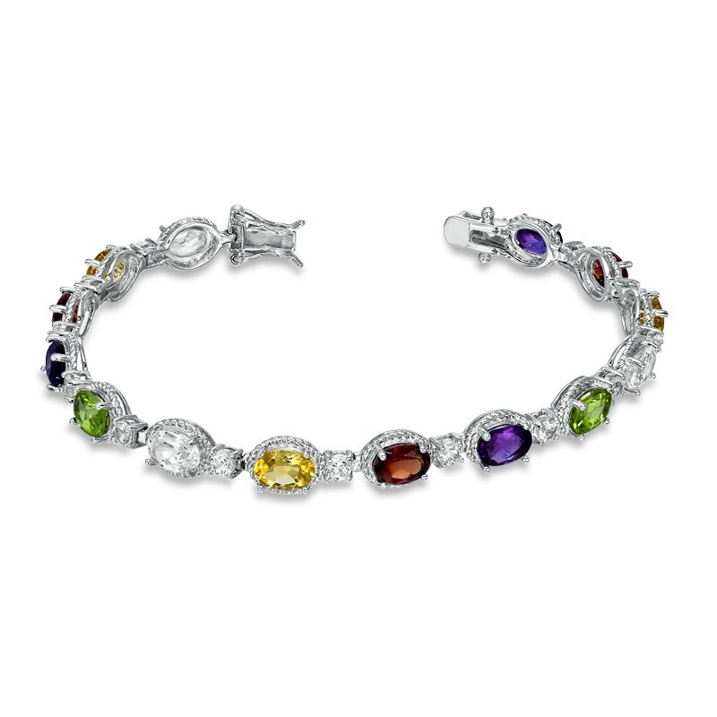 Main Image 2 of Multi Semi-Precious Oval Gemstone and Lab-Created White Sapphire Bracelet in Sterling Silver - 7.25"