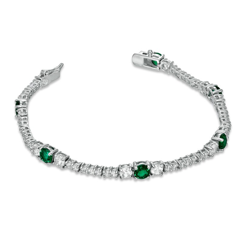 Main Image 2 of Lab-Created Emerald and White Topaz Line Bracelet in Sterling Silver - 7.25"