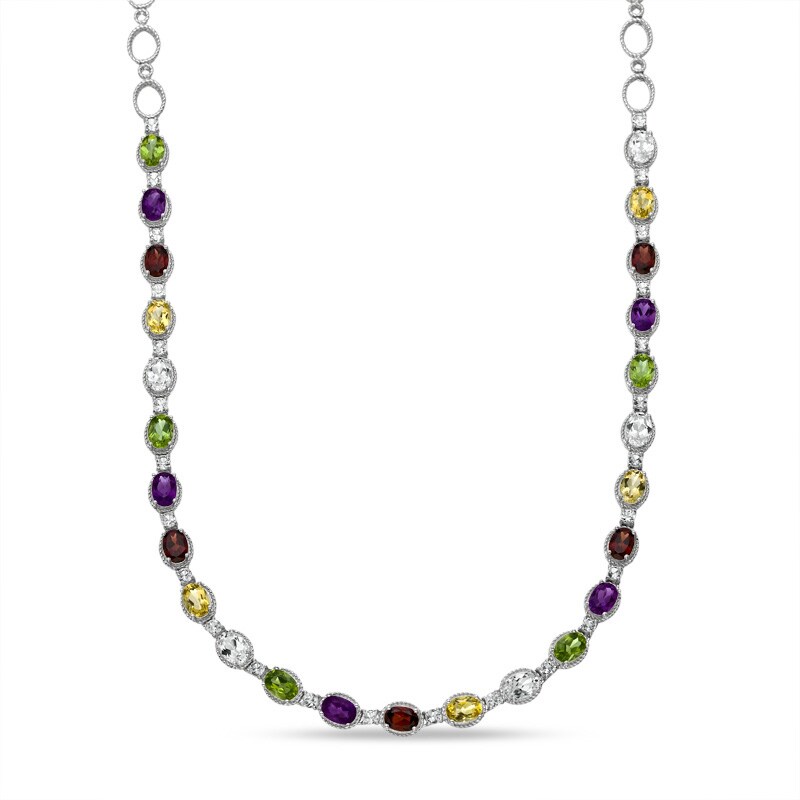 Main Image 1 of Multi Semi-Precious Oval Gemstone and Lab-Created White Sapphire Necklace in Sterling Silver