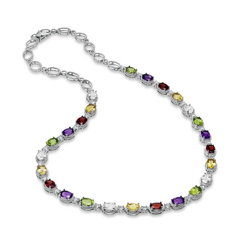 Main Image 2 of Multi Semi-Precious Oval Gemstone and Lab-Created White Sapphire Necklace in Sterling Silver