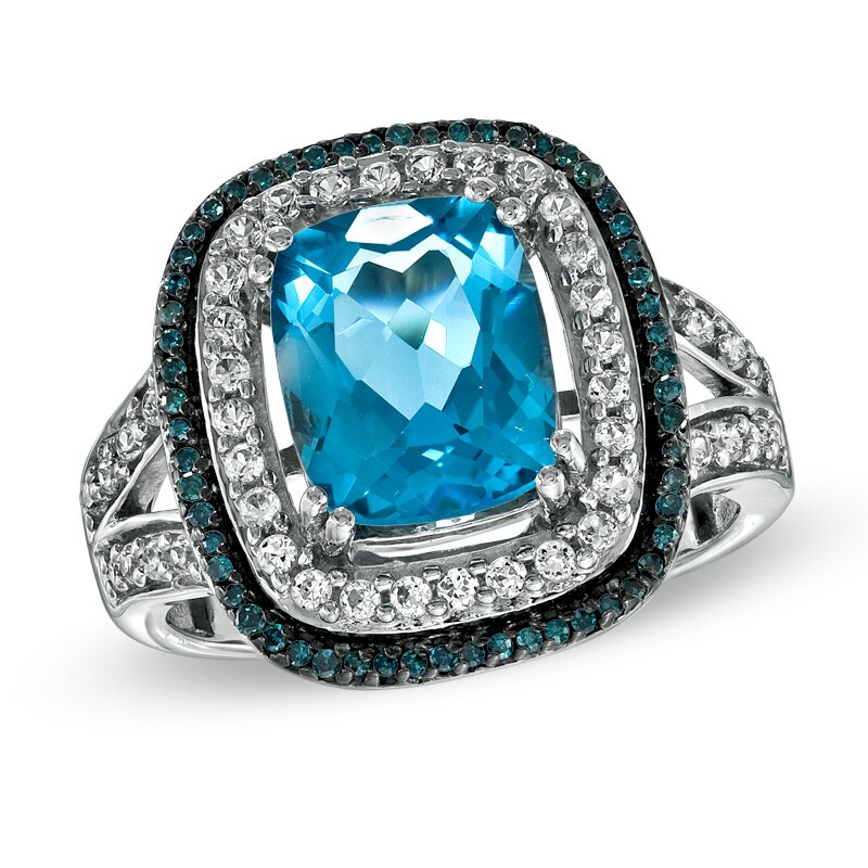 Blue Topaz, Lab-Created White Sapphire and 1/8 CT. T.W. Enhanced Blue Diamond Frame Ring in Sterling Silver