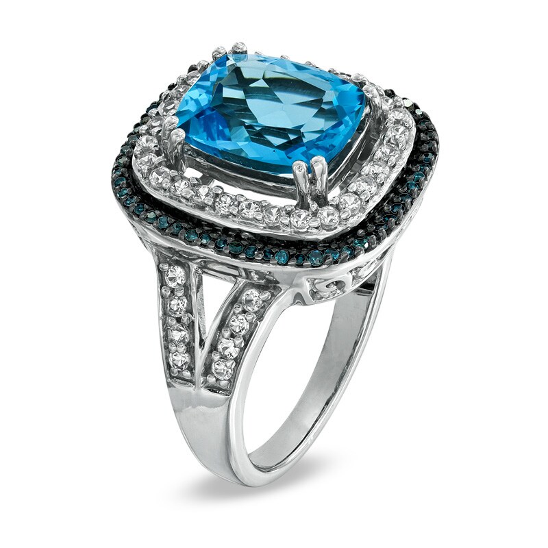 Blue Topaz, Lab-Created White Sapphire and 1/8 CT. T.W. Enhanced Blue Diamond Frame Ring in Sterling Silver