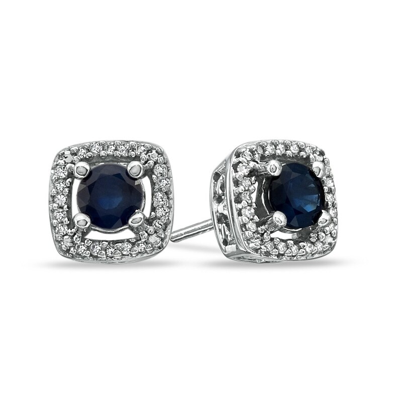 Sapphire and Diamond Accent Square Frame Stud Earrings in 14K White Gold