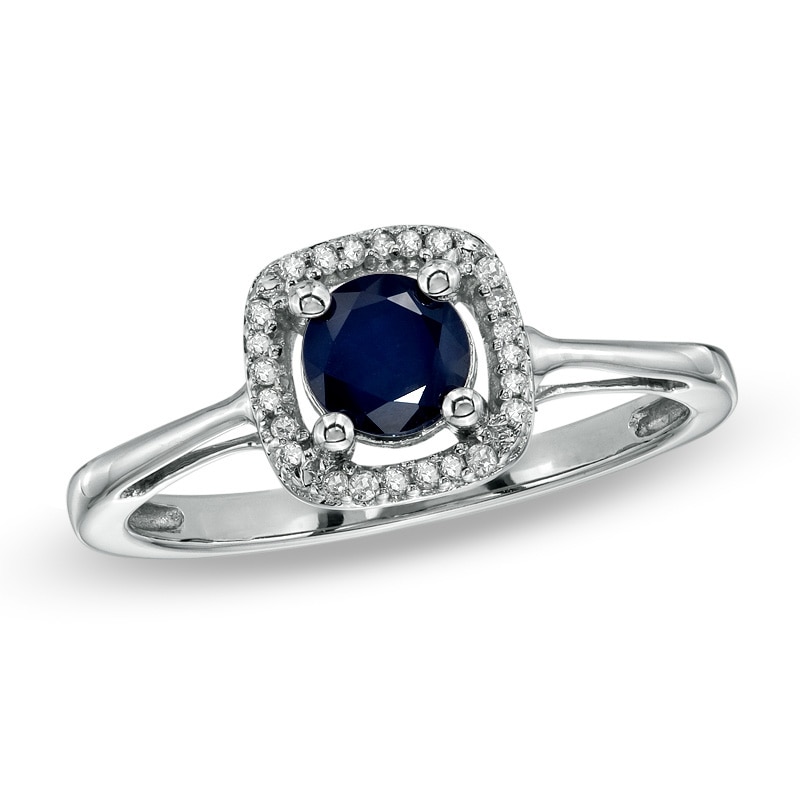 5.0mm Sapphire and Diamond Accent Square Frame Ring in 14K White Gold