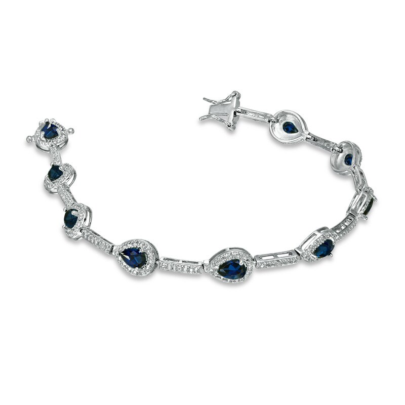 Pear-Shaped Lab-Created Sapphire and Diamond Accent Bracelet in Sterling Silver - 7.25"