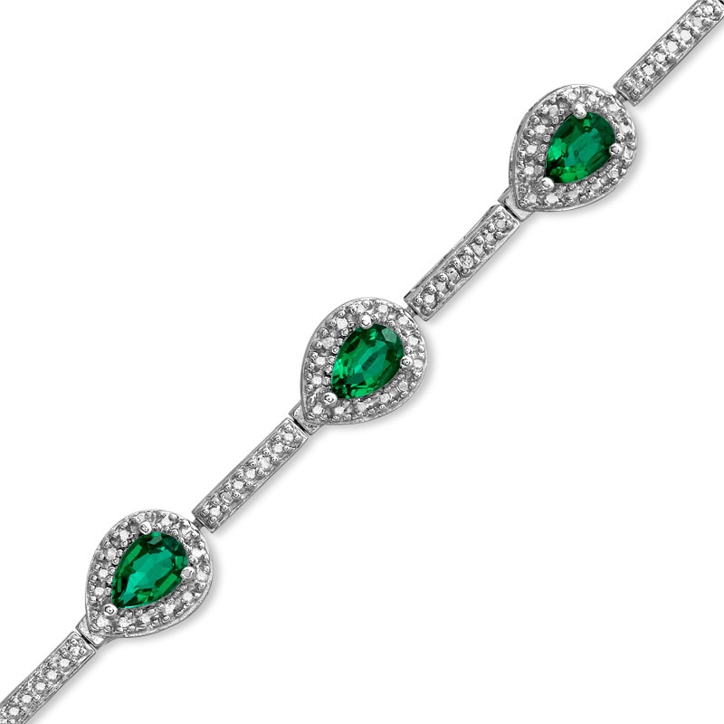 Main Image 1 of Pear-Shaped Lab-Created Emerald and Diamond Accent Bracelet in Sterling Silver - 7.25"