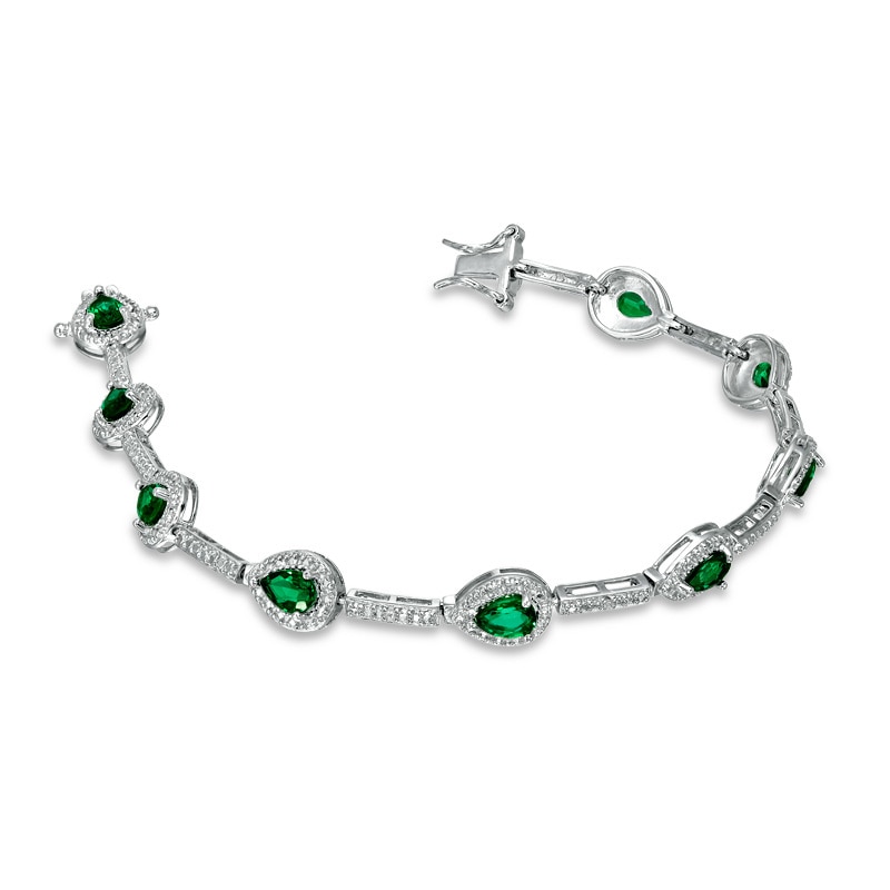 Main Image 2 of Pear-Shaped Lab-Created Emerald and Diamond Accent Bracelet in Sterling Silver - 7.25"