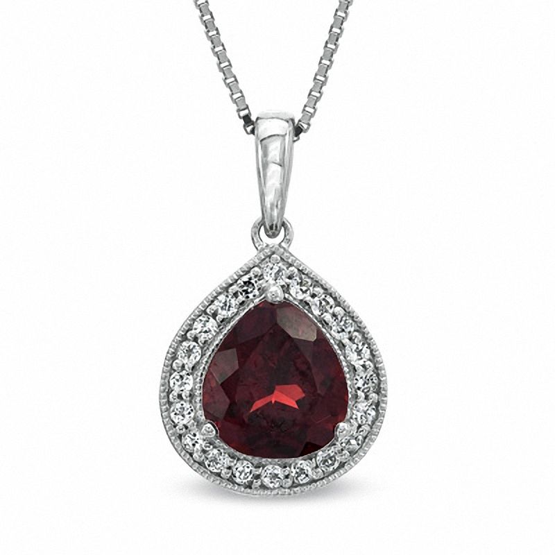 Main Image 1 of Pear-Shaped Garnet and Lab-Created White Sapphire Frame Pendant in Sterling Silver