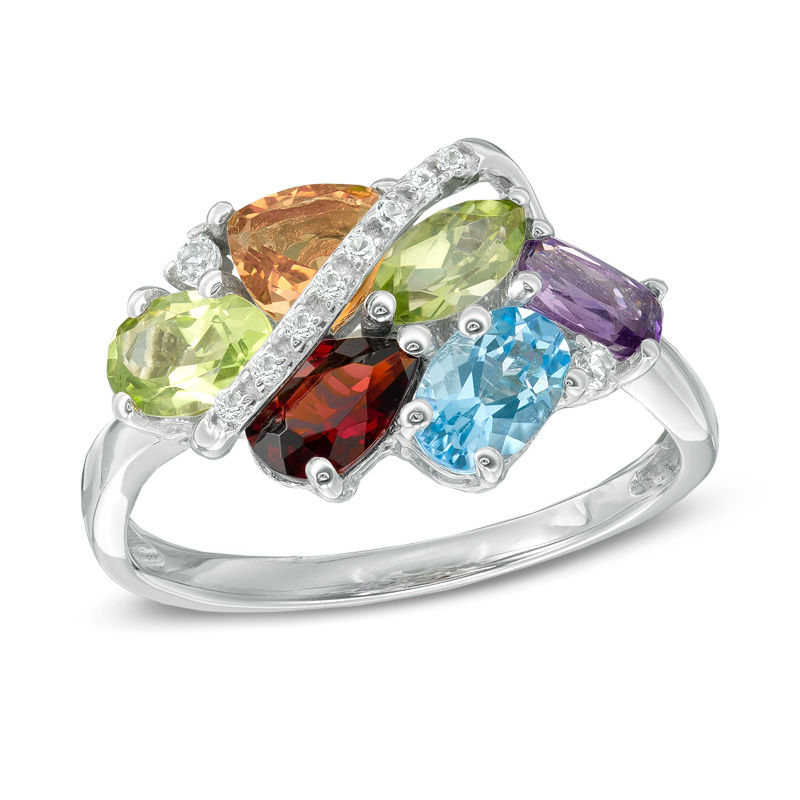Main Image 1 of Multi-Gemstone and Lab-Created White Sapphire Ring in Sterling Silver