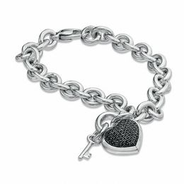 1/3 CT. T.W. Black Diamond Heart with Key Charm Bracelet in Sterling Silver - 7.5&quot;