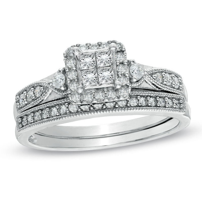 1/2 CT. T.W. Quad Princess-Cut Diamond Vintage-Style Bridal Set in 10K White Gold