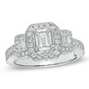 Thumbnail Image 0 of 1-1/2 CT. T.W. Certified Emerald-Cut Diamond Three Stone Ring in 14K White Gold (I/I1)