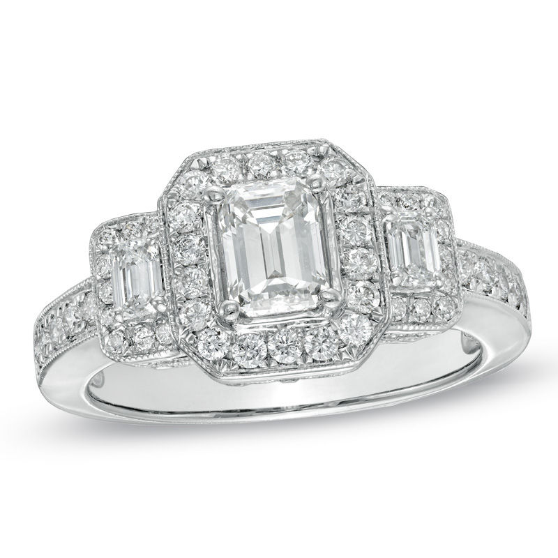 1-1/2 CT. T.W. Certified Emerald-Cut Diamond Three Stone Ring in 14K White Gold (I/I1)