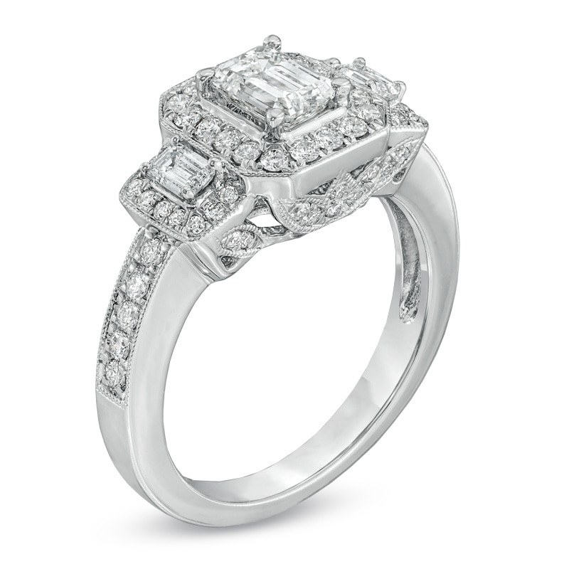 1-1/2 CT. T.W. Certified Emerald-Cut Diamond Three Stone Ring in 14K White Gold (I/I1)