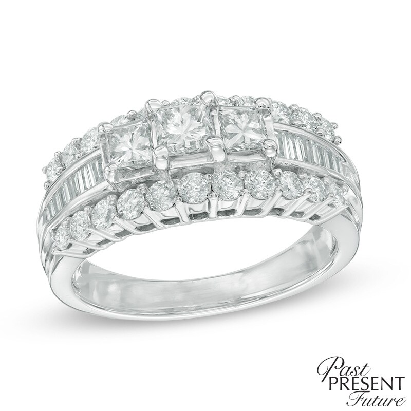 Main Image 1 of 1-1/2 CT. T.W. Princess-Cut Diamond Three Stone Engagement Ring in 14K White Gold