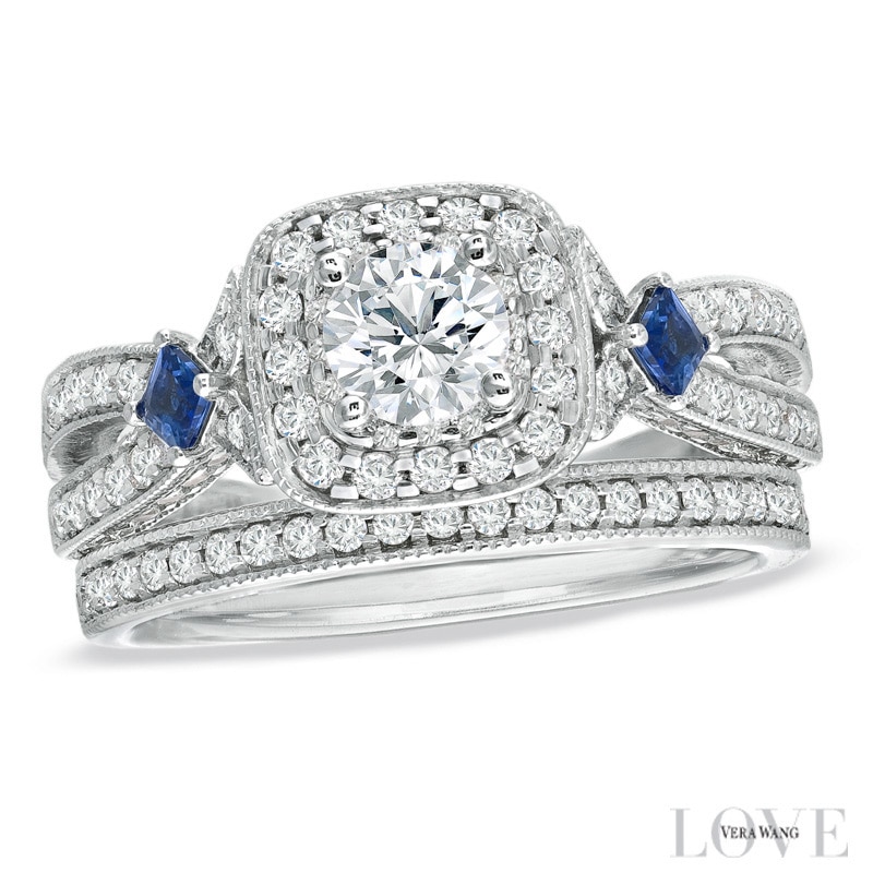 Vera Wang Love Collection 1-1/5 CT. T.W. Diamond and Sapphire Frame Bridal Set in 14K White Gold