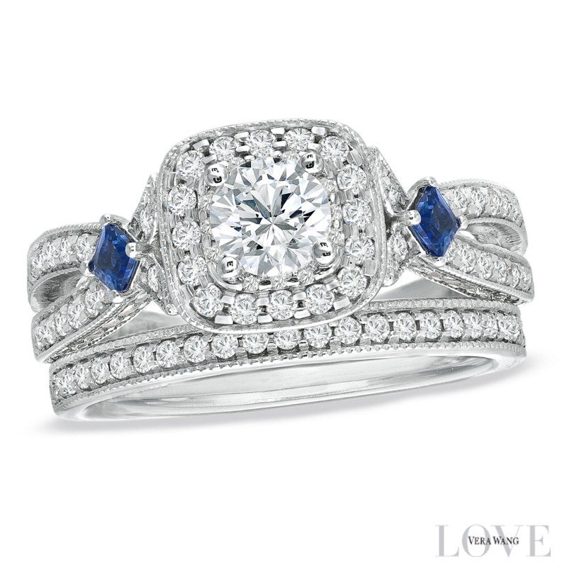 Main Image 1 of Vera Wang Love Collection 1-1/5 CT. T.W. Diamond and Sapphire Frame Bridal Set in 14K White Gold