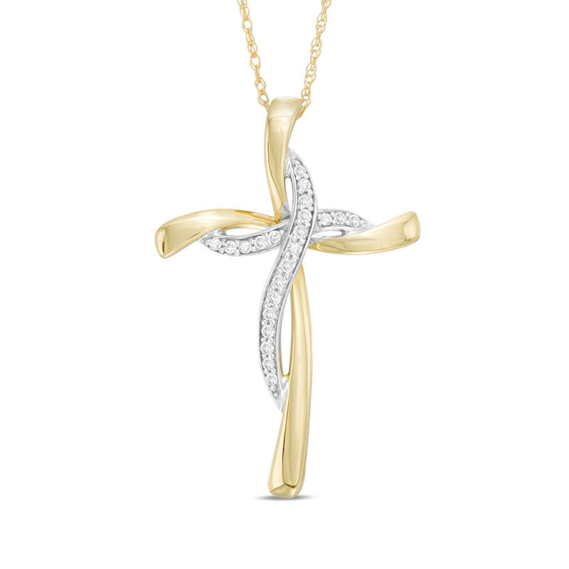 Main Image 1 of 1/10 CT. T.W. Diamond Overlapping Cross Pendant in 10K Two-Tone Gold