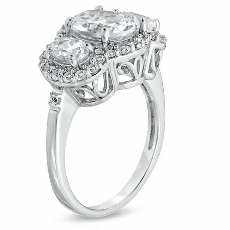 Oval Lab-Created White Sapphire Three Stone Frame Ring in Sterling Silver