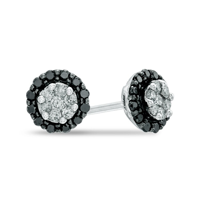 Main Image 1 of 1/4 CT. T.W. Enhanced Black and White Diamond Frame Cluster Stud Earrings in 10K White Gold