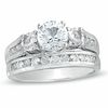Thumbnail Image 1 of White Lab-Created Sapphire Channel Three Stone Bridal Set in Sterling Silver