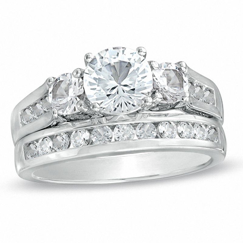 Main Image 1 of White Lab-Created Sapphire Channel Three Stone Bridal Set in Sterling Silver