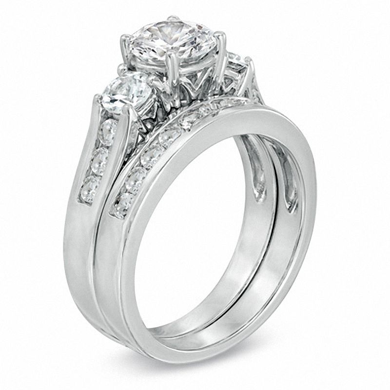 Main Image 2 of White Lab-Created Sapphire Channel Three Stone Bridal Set in Sterling Silver