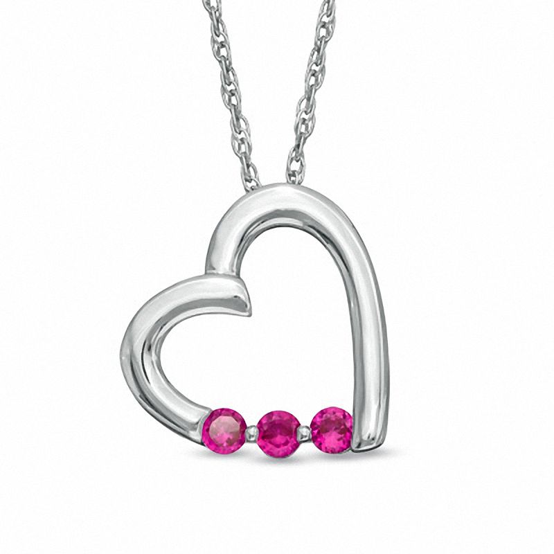 Lab-Created Ruby Three Stone Heart Pendant in Sterling Silver