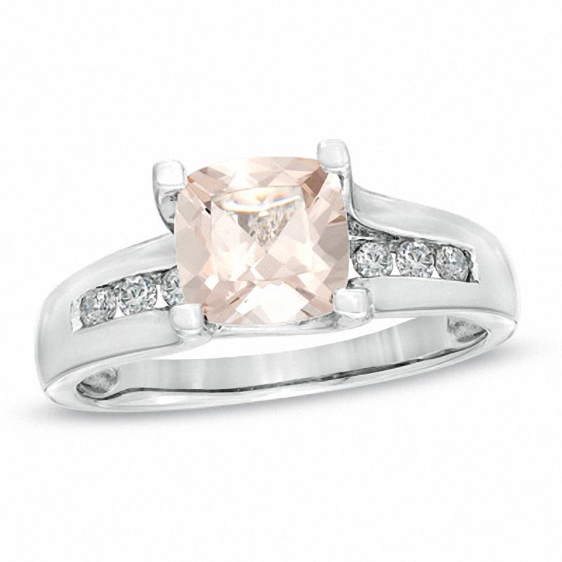7.0mm Cushion-Cut Morganite and 1/5 CT. T.W. Diamond Bridge Ring in 14K White Gold