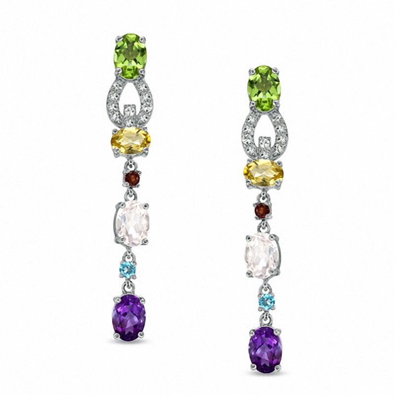 Main Image 1 of Multi Semi-Precious Gemstone and Lab-Created White Sapphire Drop Earrings in Sterling Silver