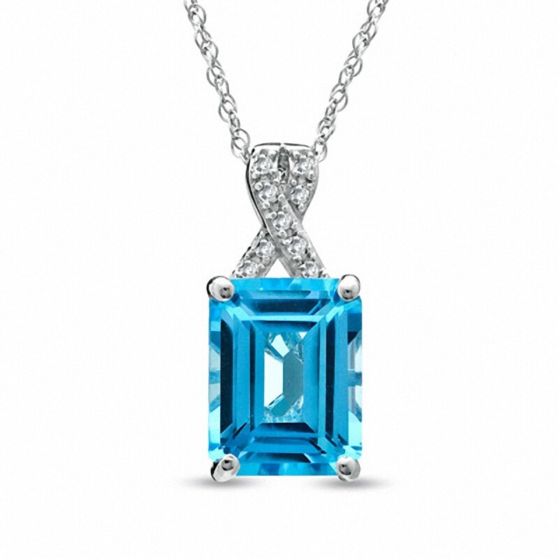 Main Image 1 of Emerald-Cut Swiss Blue Topaz and Diamond Accent Pendant in 14K White Gold