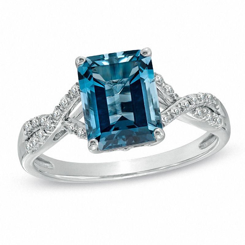 Emerald-Cut Swiss Blue Topaz and Diamond Accent Ring in 14K White Gold ...