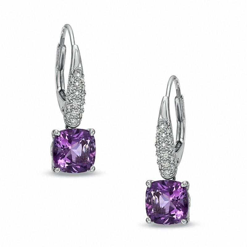7.0mm Cushion-Cut Amethyst and Lab-Created White Sapphire Drop Earrings in Sterling Silver