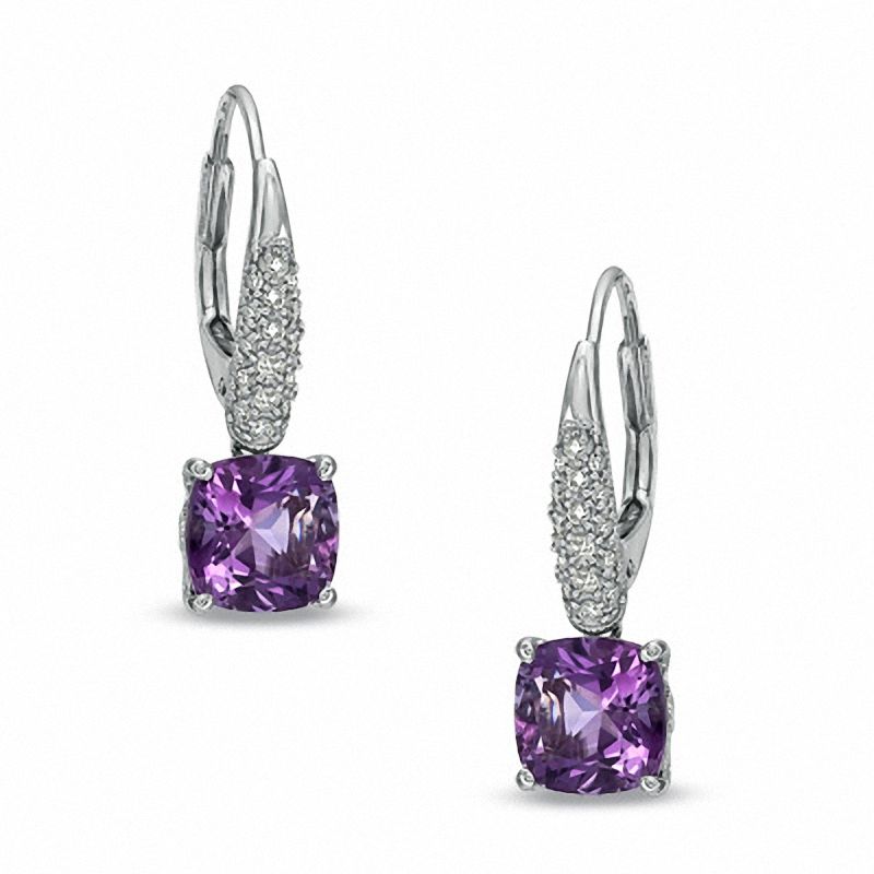 Main Image 1 of 7.0mm Cushion-Cut Amethyst and Lab-Created White Sapphire Drop Earrings in Sterling Silver