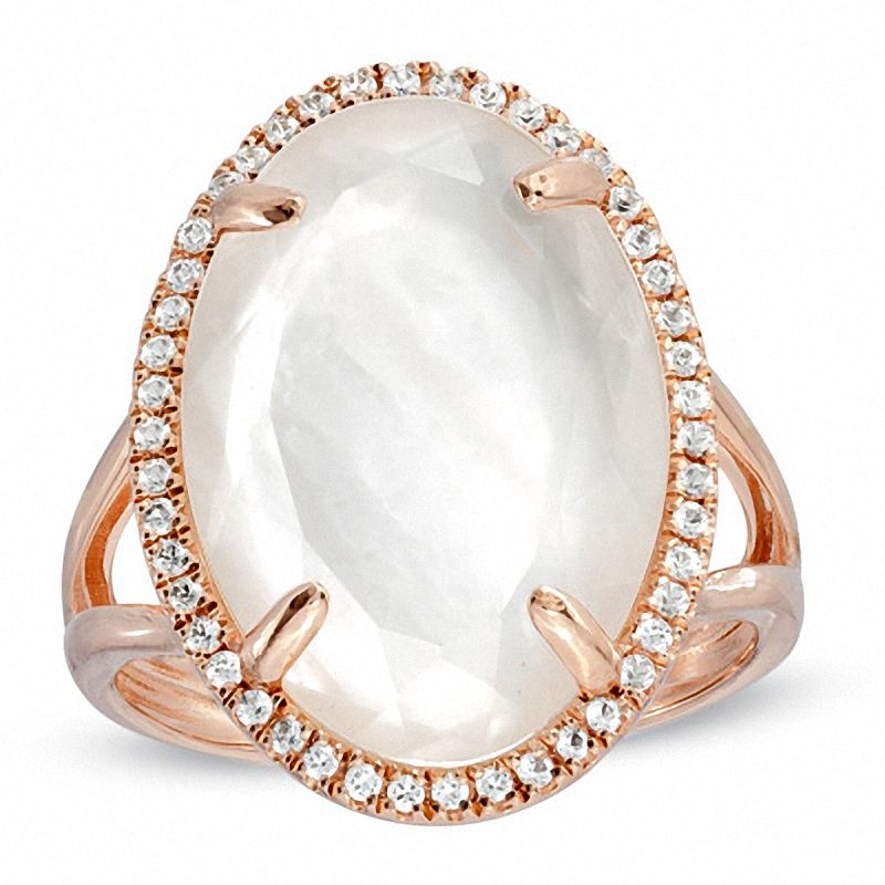 Oval Mother-of-Pearl Doublet and Lab-Created White Sapphire Ring in Sterling Silver with 14K Rose Gold Plate