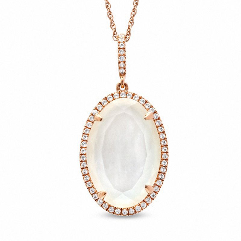 Main Image 1 of Oval Mother-of-Pearl Doublet and Lab-Created White Sapphire Pendant in Sterling Silver with 14K Rose Gold Plate