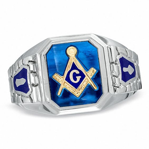Men S Lab Created Blue Sapphire And Enamel Comfort Fit Masonic Ring In Sterling Silver Zales Outlet