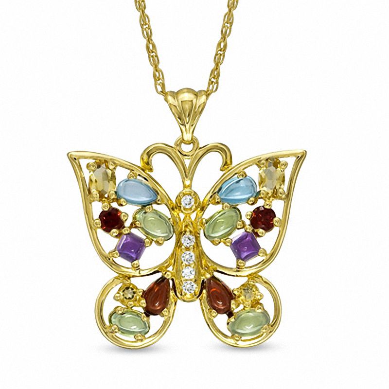 Main Image 1 of Multi Gemstone and Lab-Created White Sapphire Butterfly  Pendant in Sterling Silver with 14K Gold Plate