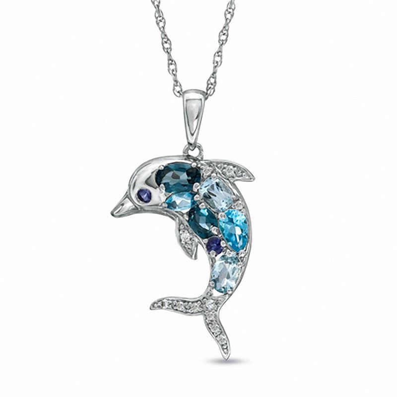 Blue Topaz, Iolite and Lab-Created White Sapphire Dolphin Pendant in Sterling Silver